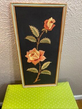 Embroidered Rose Wall Art in Black and Orange